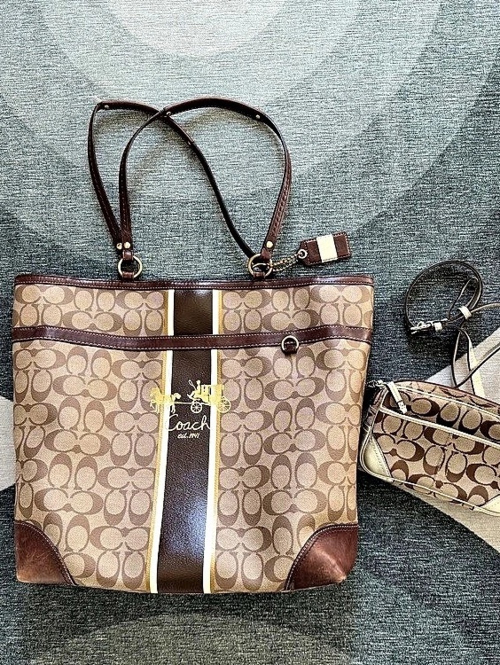 Coach Signature Jacquard Tote and matching Waist Bag Brown & White